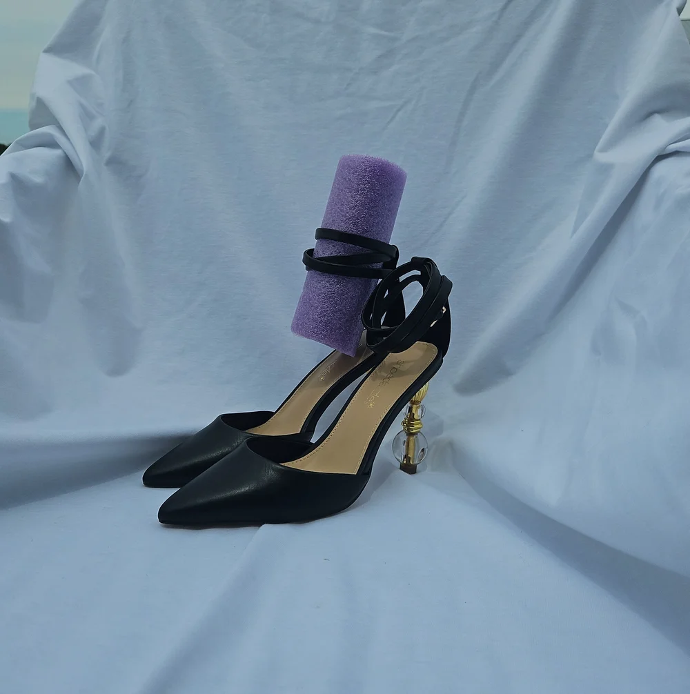 Shoe Dazzle Black Pointed-Toe Ankle-Strap Heels with Gold Sculpted Accent Heel